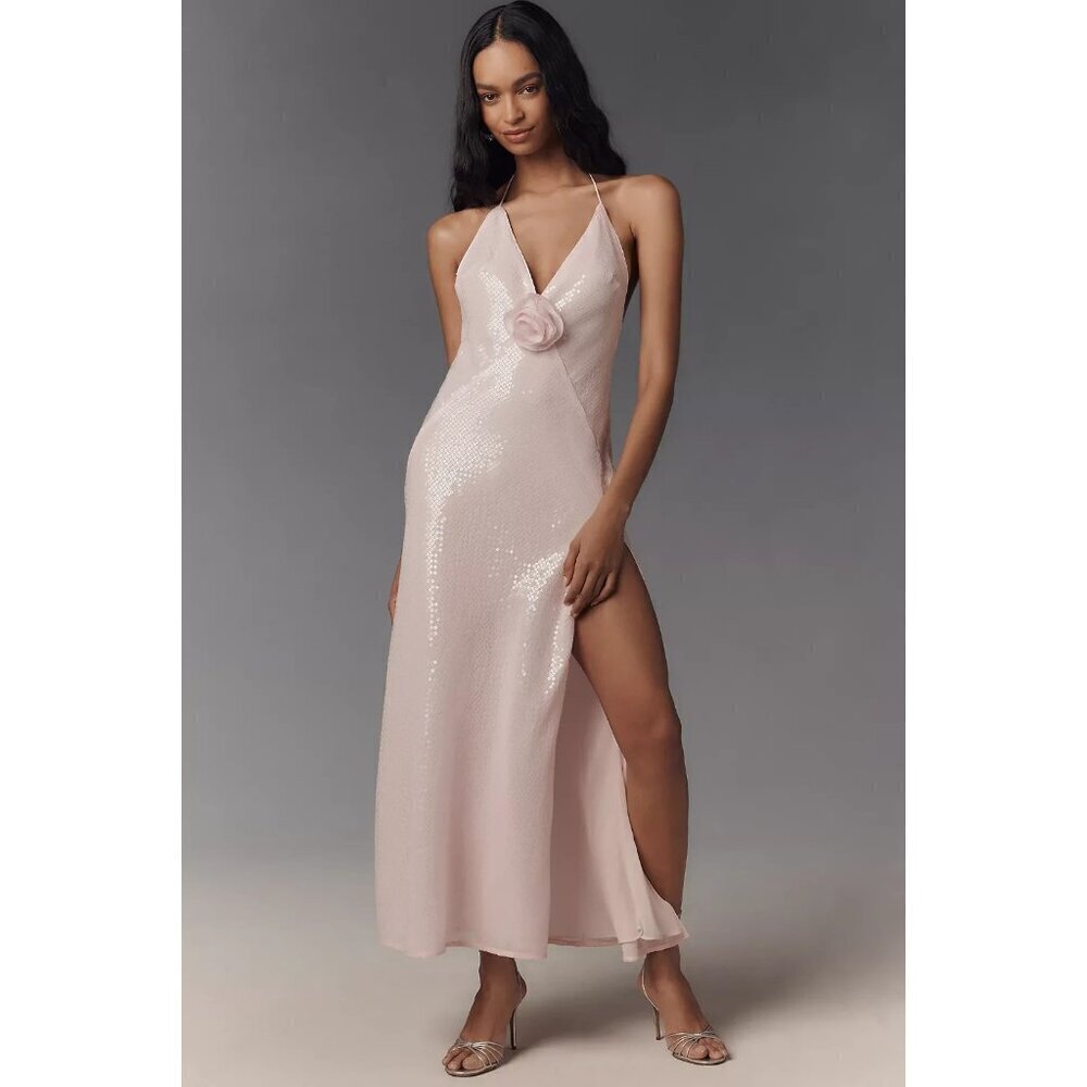 Bardot Aradia Sequin Halter Slip Dress Baby Pink 10